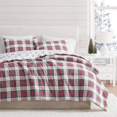 Martha Stewart Yuletide Spruce Plaid Cotton Flannel Red Comforter Set