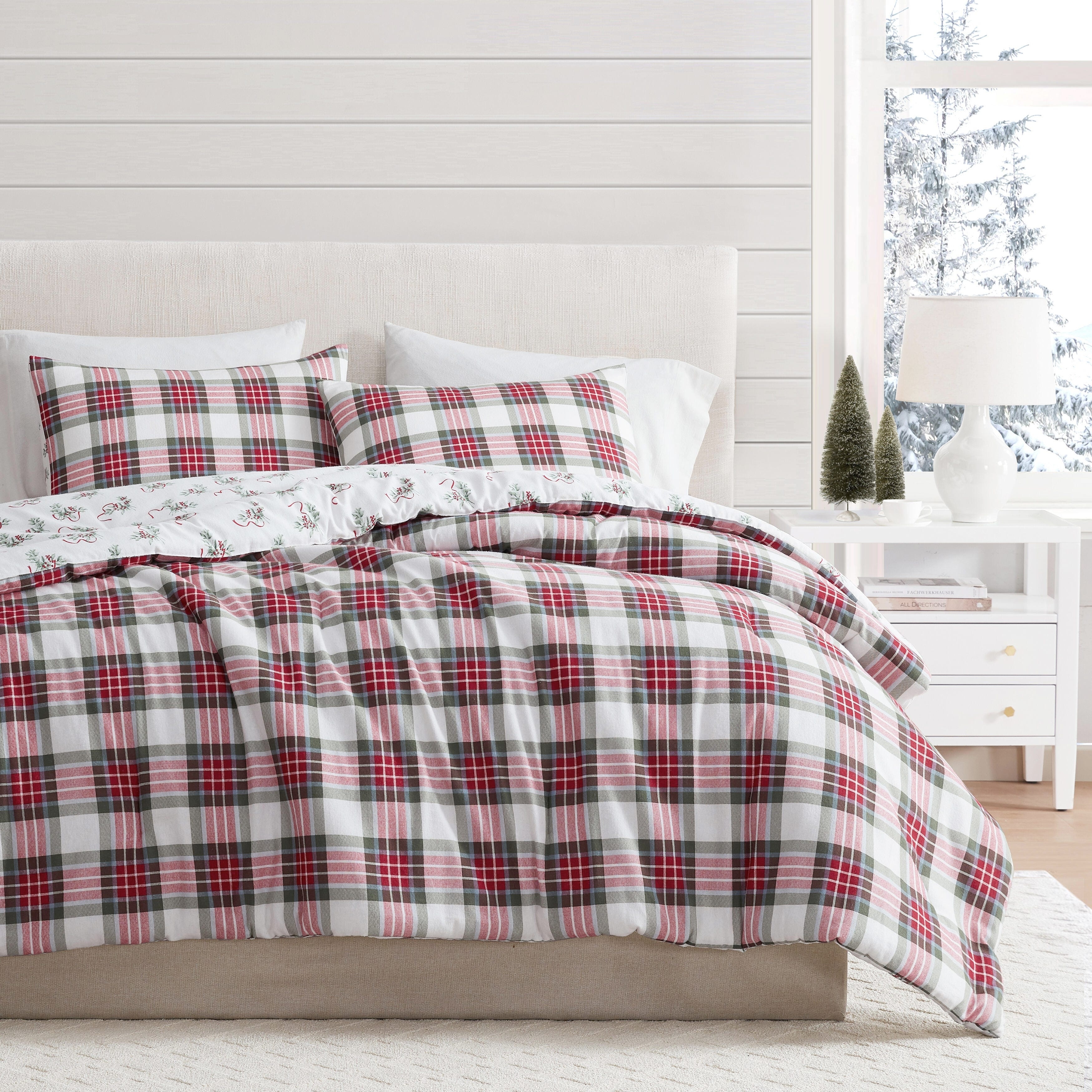 Martha Stewart Yuletide Spruce Plaid Cotton Flannel Red Comforter Set