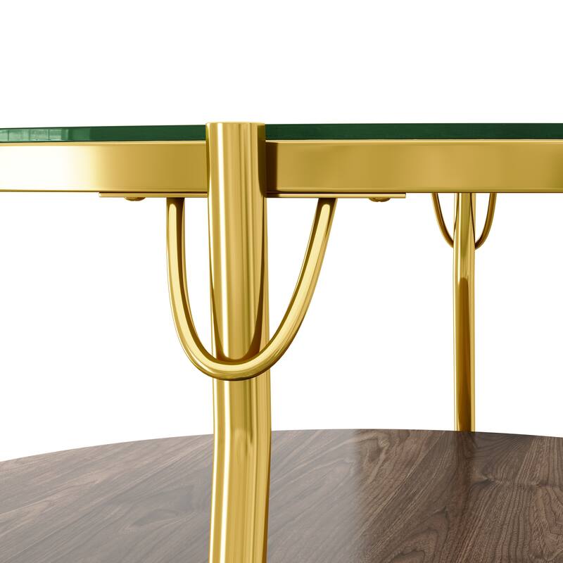 Modern Round Coffee Table 29.9", 2-Tier Walnut Glass Top Table with Gold Base for Living Room