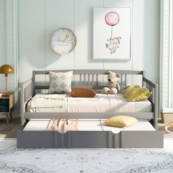 slide 2 of 9, Gray Modern Simple Full Size Wood Daybed w/ Twin Size Trundle Bunk Bed Frame for Kids, Teens No Box Spring Needed, Easy Assembly Gray