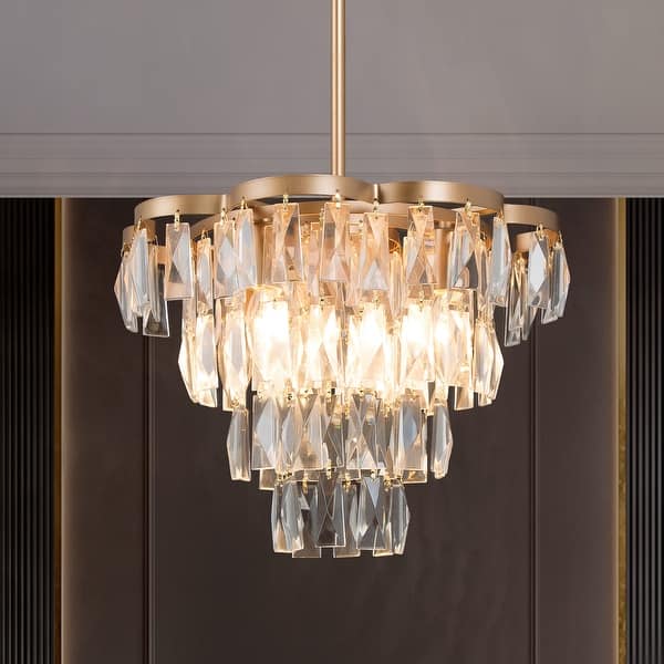 slide 2 of 16, Modern Glam Gold Tiered Crystal Chandelier Transitional Drum Foyer Pendant for Dining Room - 14.1 inches