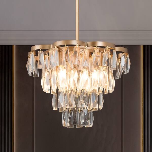 slide 2 of 16, Modern Glam Tiered Crystal Chandelier 4-Light Gold Transitional Wagon Wheel Foyer Pendant for Dining Room - 14.1 inches