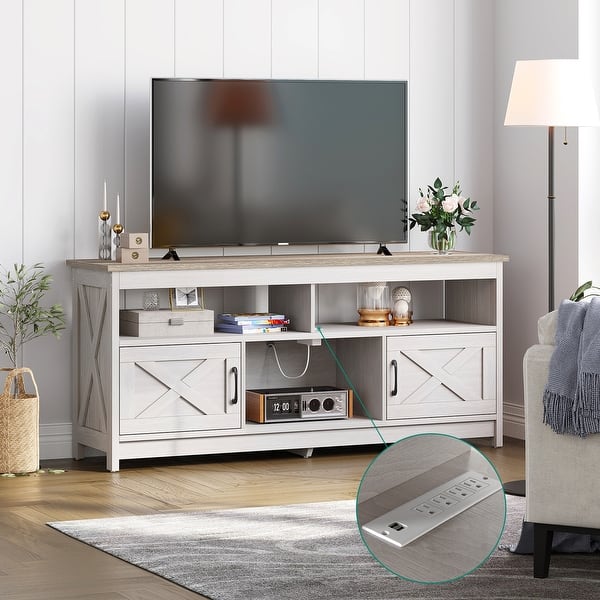 Farmhouse TV Stand for up to 65" TV with Doors and Open Shelves Media Console Power Outlet - 59 inches in width - Grey Wash Top+White