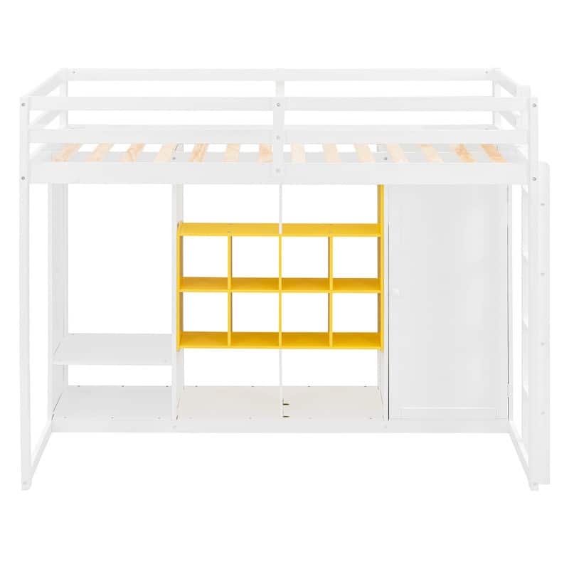 Twin Size Wood Loft Bed with Wardrobe, shelves and Cabinet