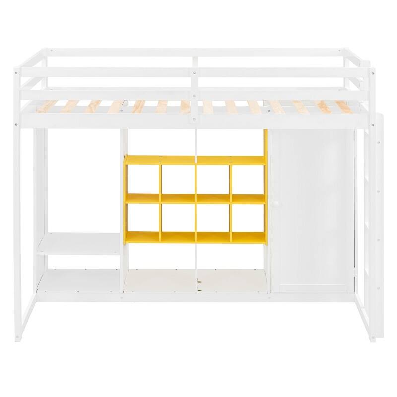 Wood Twin Size Loft Bed with Wardrobe, Shelves and Cabinet