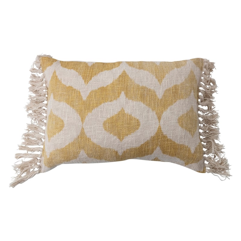 Cotton Slub Lumbar Pillow with Ikat Pattern and Tassels
