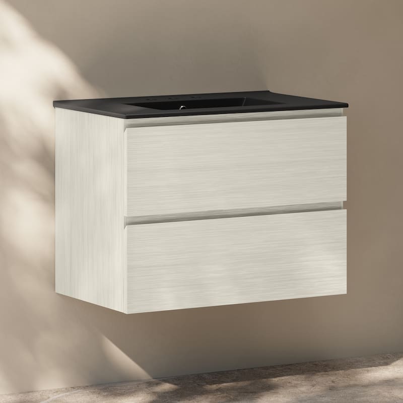 Liberte 30" Wall-Mounted Bathroom Vanity In White Oak With Black 3-Hole Widespread Sink Top - 30