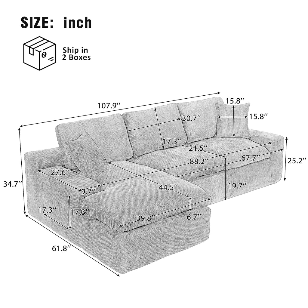 L-Shape Cloud Sectional Sofa with Chaise, Chenille Modular Boneless Upholstered Couche, Full-Compressed Sofa with Side Pockets