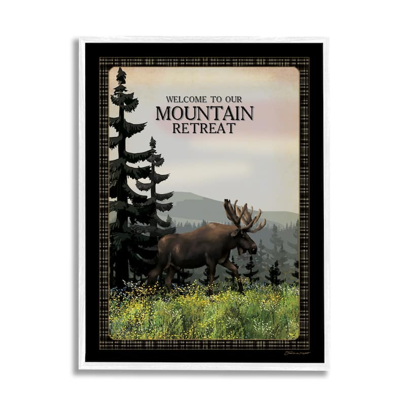 Stupell Welcome Mountain Retreat Quote Moose Wildlife Tree Forest Framed Wall Art - Green - 16 x 20 - White