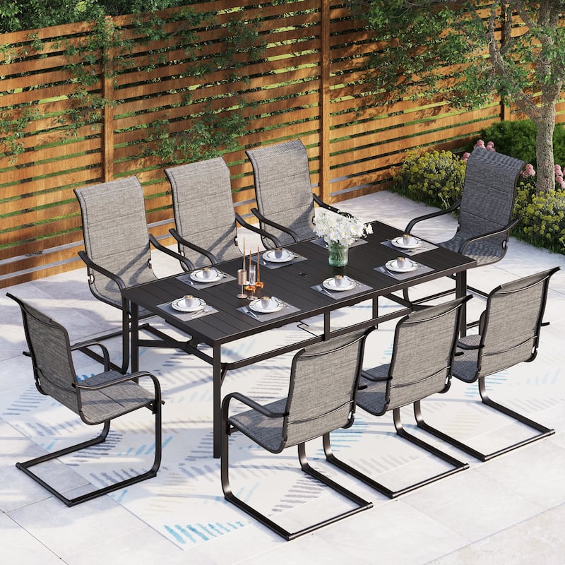 MAISON ARTS 9 Pieces Patio Dining Set, 1 piece Metal Table and 8 pcs C Spring Dining Chairs
