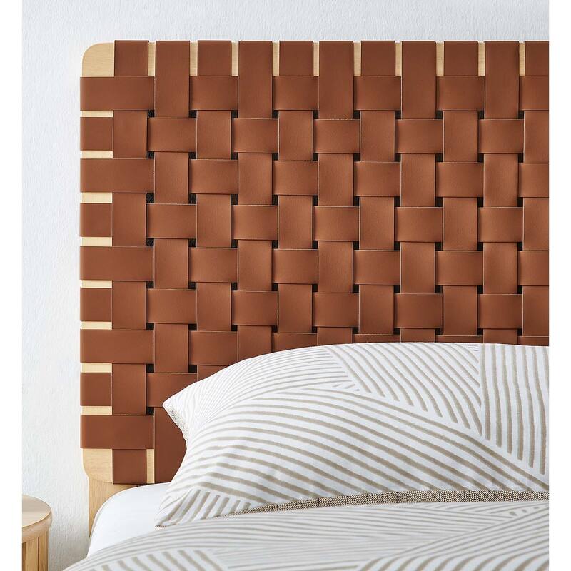 Ditmas Solid Wooden Brown Leather Basket Weaved Twin Size Headboard