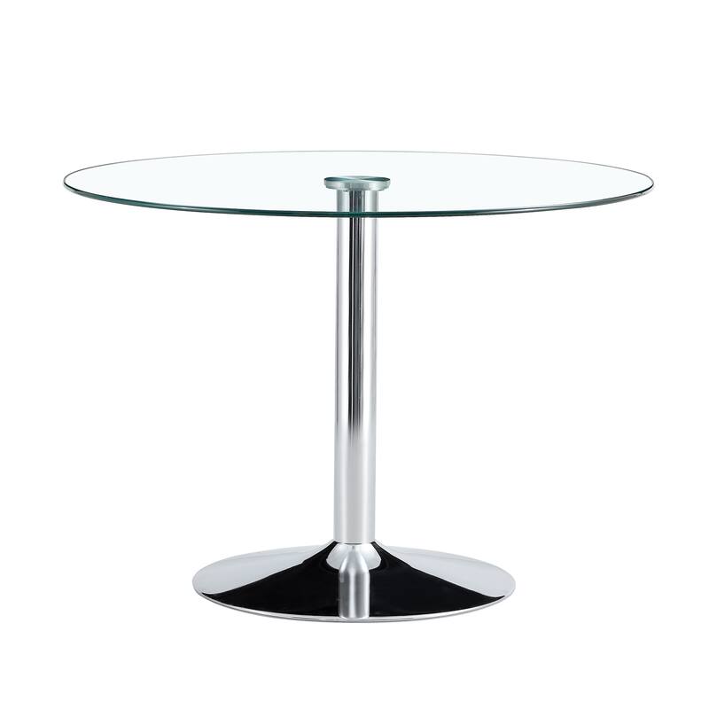 A glass tabletop with a diameter of 39.7 inches and a modern minimalist circular dining table with electroplated metal legs