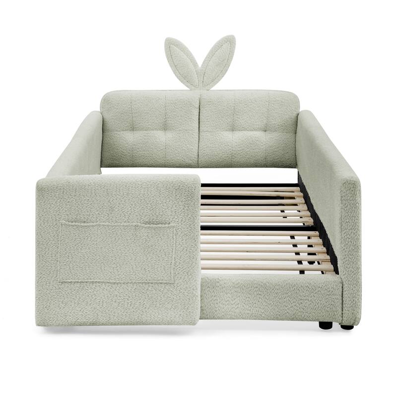 Twin Upholstered Platform Bed with Bunny Ear Headboard, Safety Rail & Pocket in Boucle Fabric