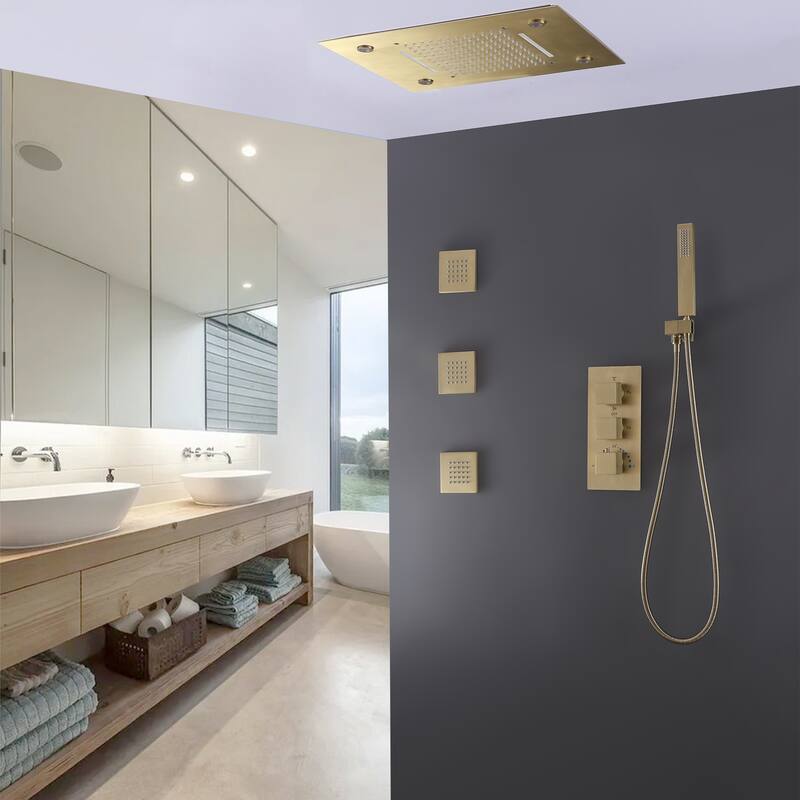 Ceiling LED 4-Way 3-Jet Complete Rain and Waterfall Shower System With Rough-in Valve