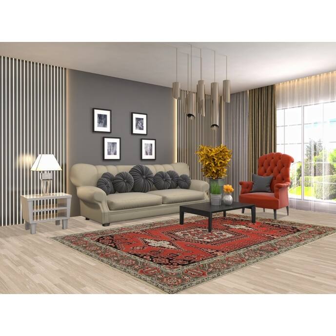 Geometric Viss Indian Area Rug Hand-Knotted Orange Wool Carpet - 6'0" x 9'0"