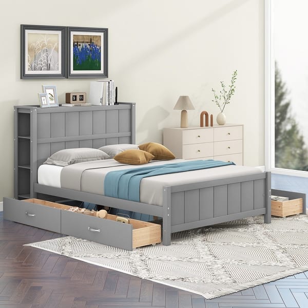 slide 2 of 11, Gray Full Size Platform Panel Bed with 4 Drawers Platform Wood Slat Bookcase Storage Bed, Grounded Low Bed, No Box Spring Need Gray - Full