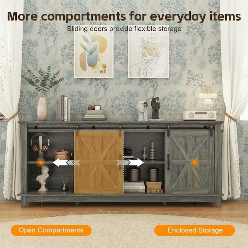 TV Stand with Two Barn Doors and Storage Cabinets