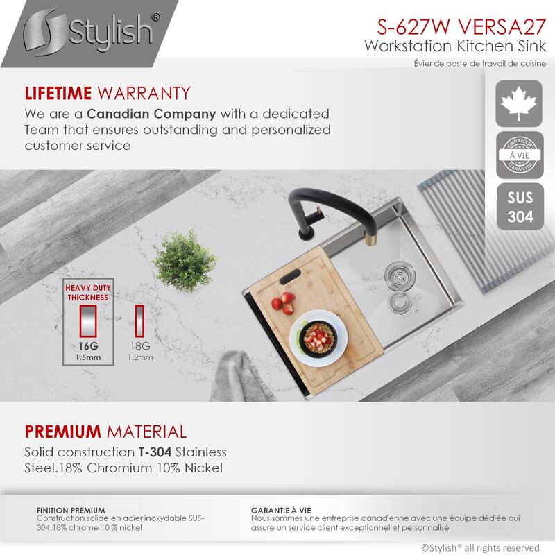 STYLISH 27 inches Workstation Single Bowl Undermount 16 Gauge Stainless Steel Kitchen Sink with Built in Accessories Handmade