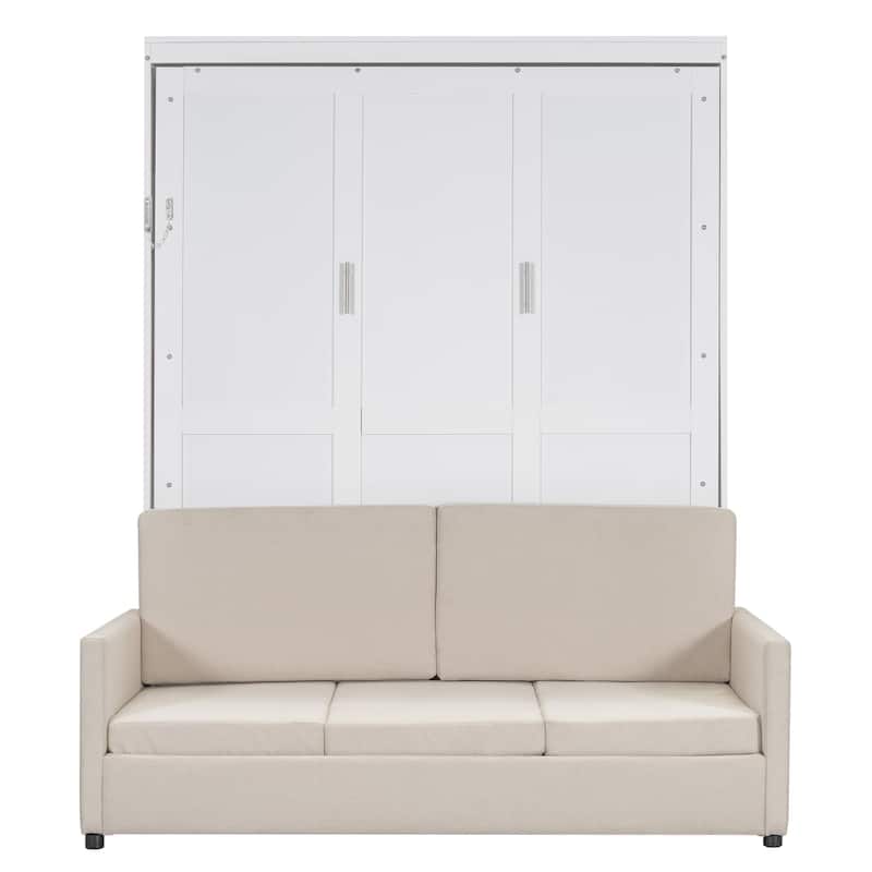 Queen Size Wall Bed with Sofa Function, Space-Saving Murphy Bed in White/Gray