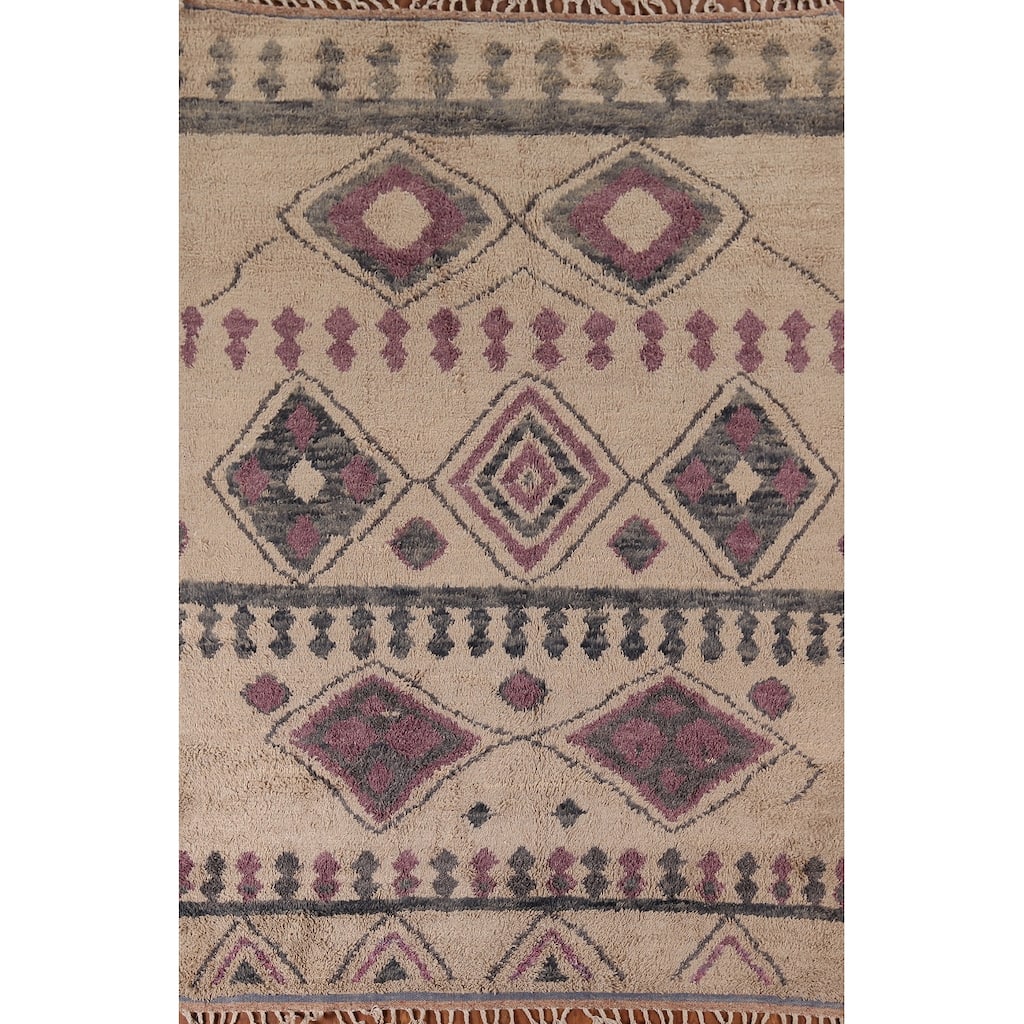 Geometric Plush Moroccan Area Rug Handmade Beige Wool Carpet - 6'9" x 10'4"