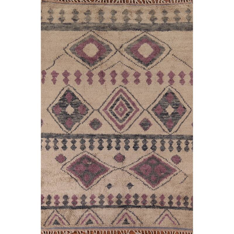 Geometric Plush Moroccan Area Rug Handmade Beige Wool Carpet - 6'9" x 10'4"