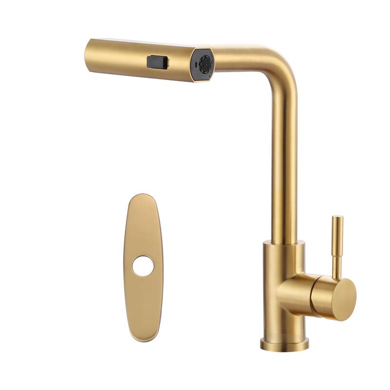 WOWOW Single Handle Waterfall Pull Down Sprayer Kitchen Faucet - Without Soap Dispenser - Brushed Gold