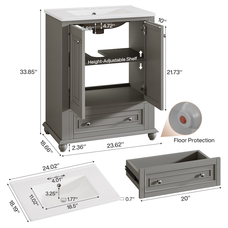 24'' Modern Freestanding Solid Wood Bathroom Vanity with Ceramic Sink, Adjustable Shelf Storage