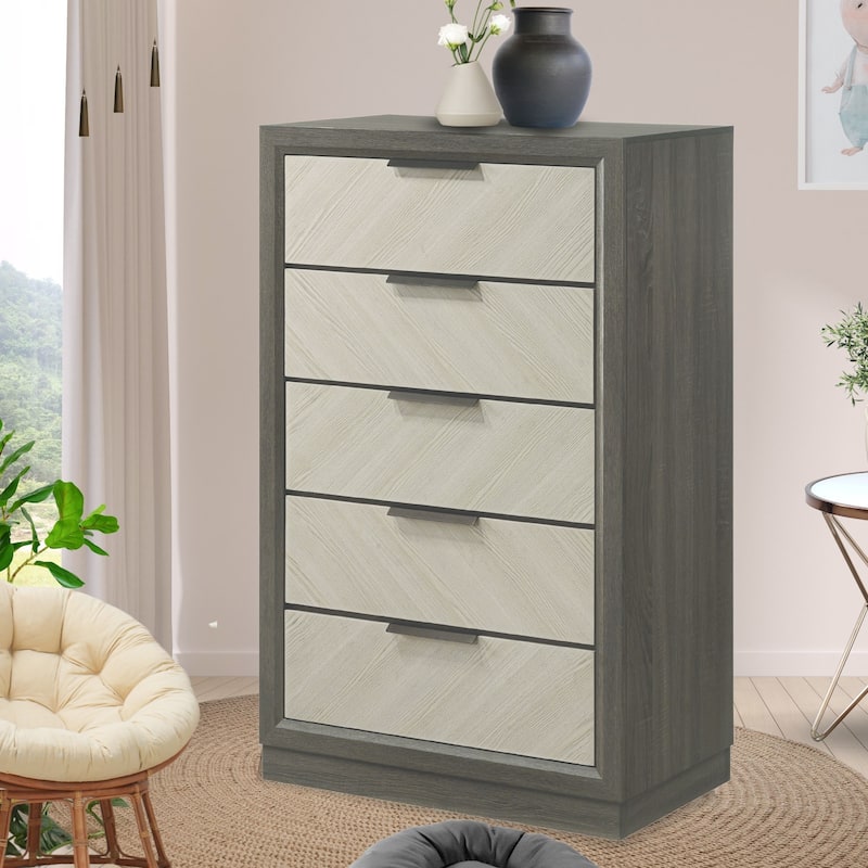 Visalia White/Grey Solid Wood Tall 5-Drawer Modern Bedroom Chest - White / Grey