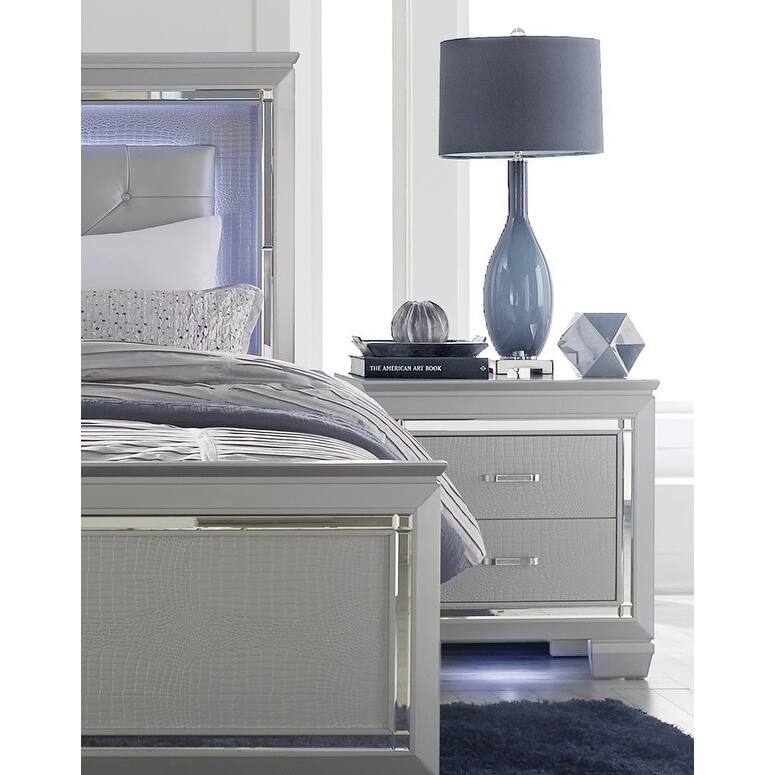 Glamorous Silver Nightstand, 2 Dovetail Drawers, Faux Alligator Embossed Front