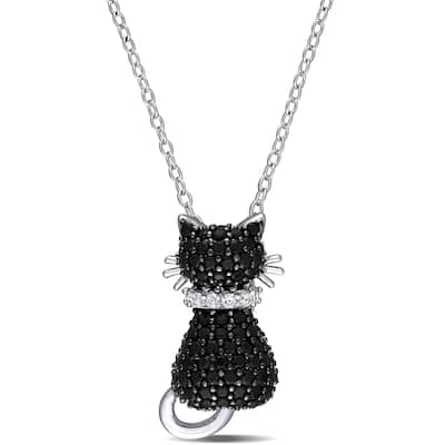 Miadora Sterling Silver with Black Rhodium Plating Black Spinel and Created White Sapphire Clustered Cat Necklace