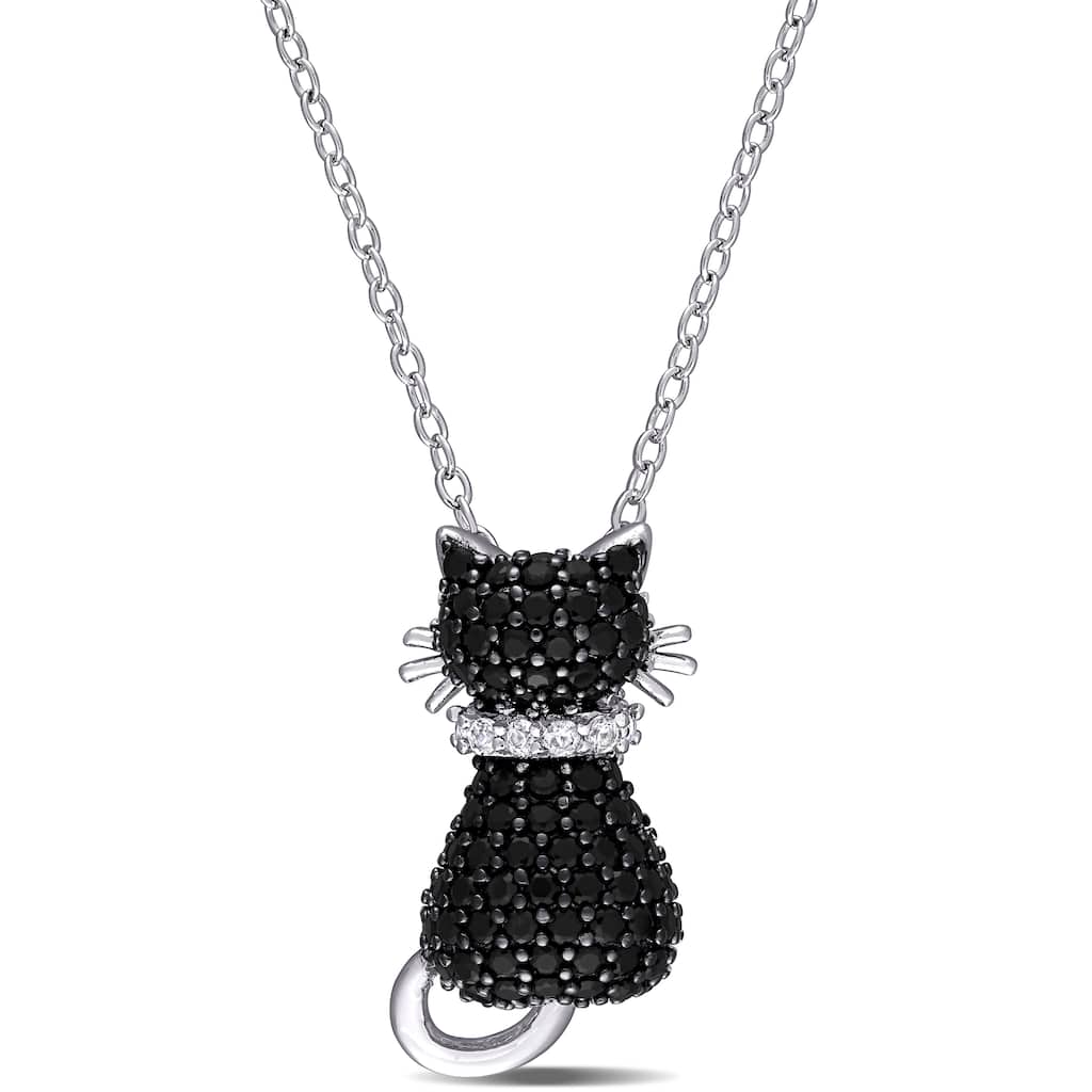 Miadora Sterling Silver with Black Rhodium Plating Black Spinel and Created White Sapphire Clustered Cat Necklace
