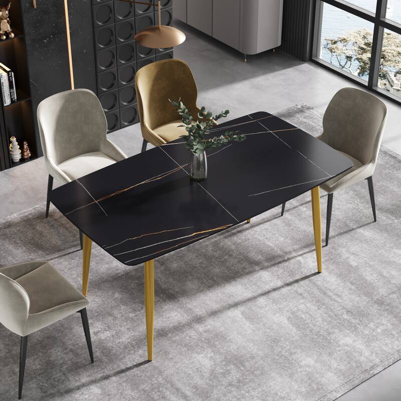 63" Modern Dining Table,Sintered Stone Tabletop and Solid Gold Carbon Steel Base - Black&Gold