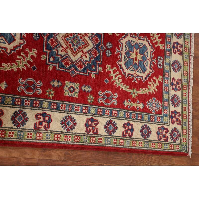 Geometric Red Kazak Foyer Rug Hand-Knotted Traditional Wool Carpet - 2'8" x 4'1"
