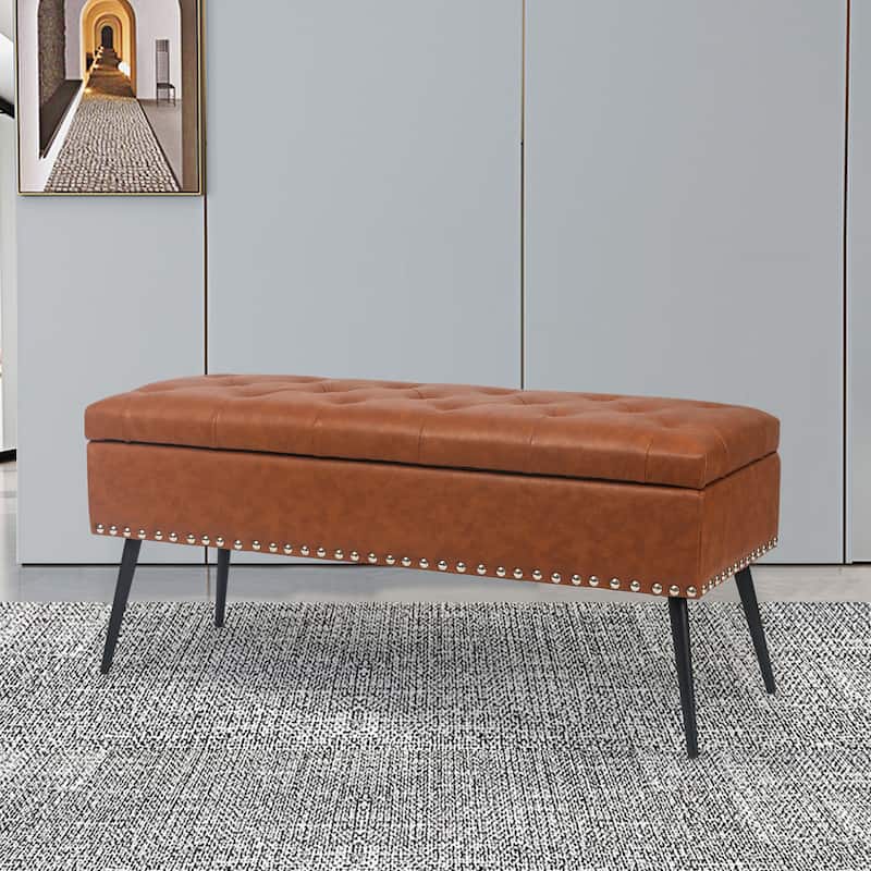 Adeco Storage Ottoman Bench Tufted Top with Metal Legs - Dark-Orange-Faux-Leather