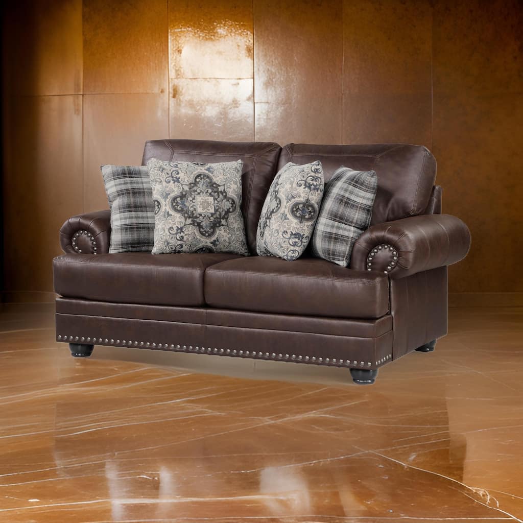 Jade 72 Inch Loveseat, Rich Brown Microfiber, 4 Pillows Soft Cushions, Wood