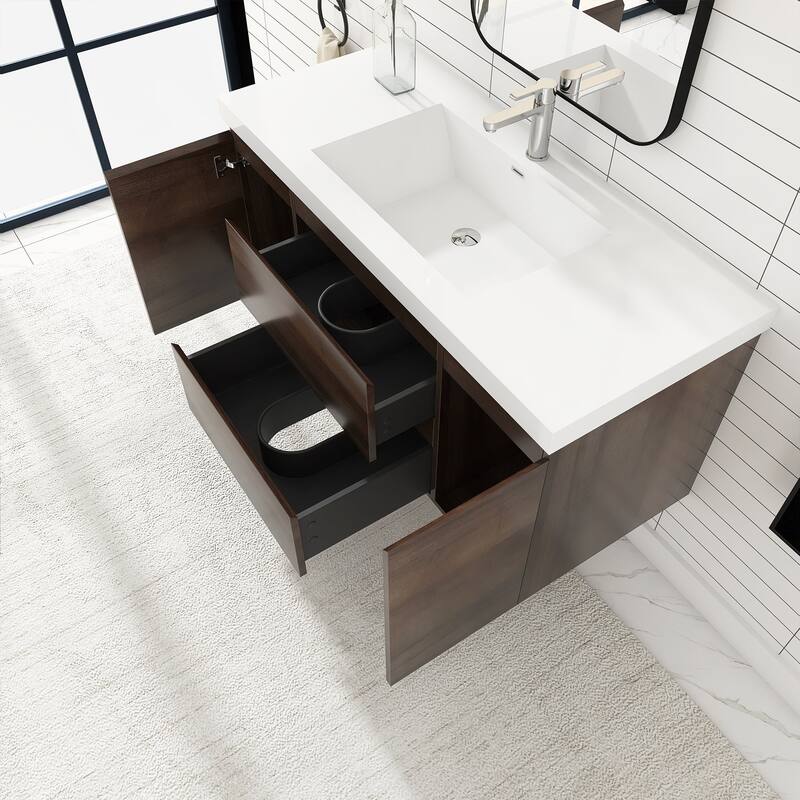 MDF Wall-Mounted Bathroom Vanity Set in Grey Oak with Integrated Culture Marble Sink