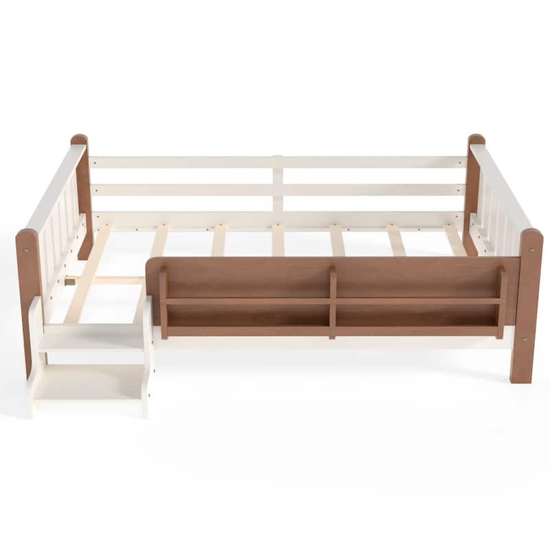 Full/Twin Floor Bed with Storage Bookcases & Cute Stairs - Solid Wood Kids Bed, No Box Spring