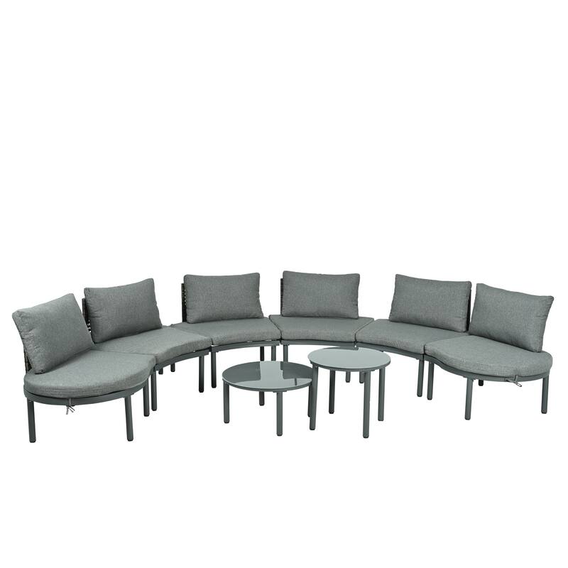 8-Piece Half Moon Outdoor Sofa Set, Modular Curved Patio Sectional Sofa Set with Cushions and Round Coffee Tables
