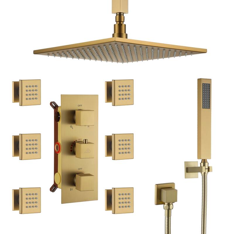 Celling 12 inch LED 3 Function Thermostatic Shower System with 6 Body Jets