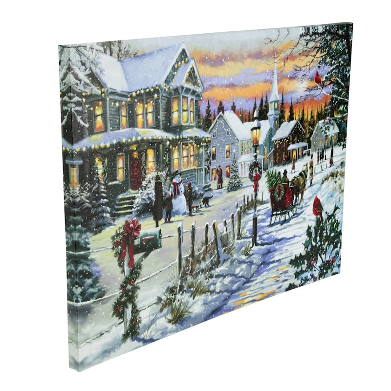 LED Lighted Fiber Optic Snowy Christmas Village Canvas Wall Art 11.75" x 15.75"