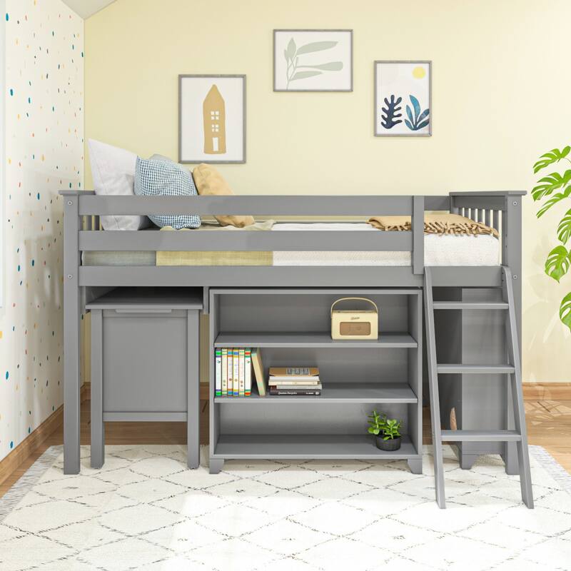 Max and Lily Twin-Size Low Loft with Pull-Out Desk and 3-Shelf Bookcases