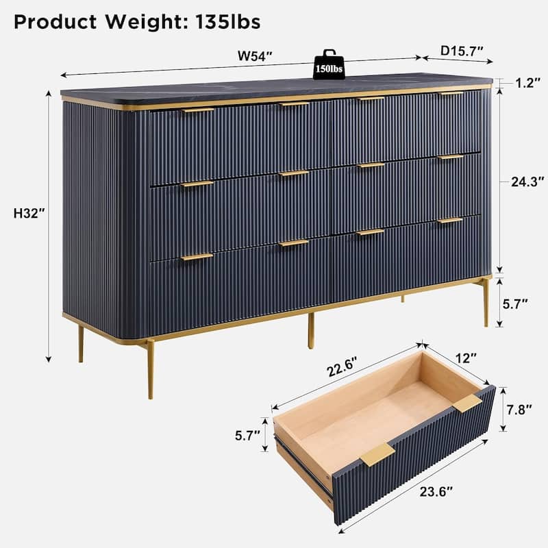 Modern Fluted 6 Drawers Dresser for Bedroom, 54" Dresser TV Stand