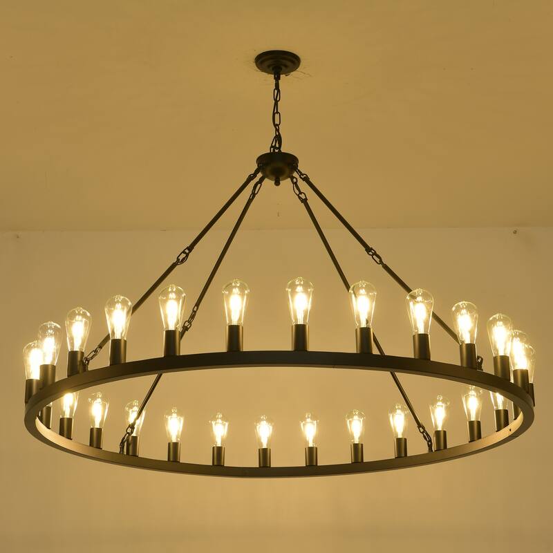 53.15 Inch Black Extra Large Wagon Wheel Chandelier, 28-Lights Round High Ceiling Adjustable Chain,E26