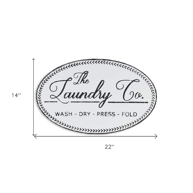 HomeRoots 14" X 22" White And Dark Gray The Laundry Co Metal Oval Wall Decor