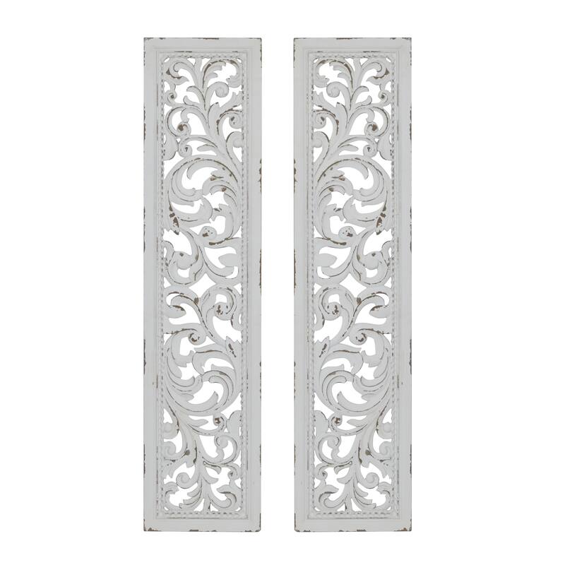 White Wood Handmade Slim Distressed Carved Panel Scroll Home Wall Decor (Set of 2)