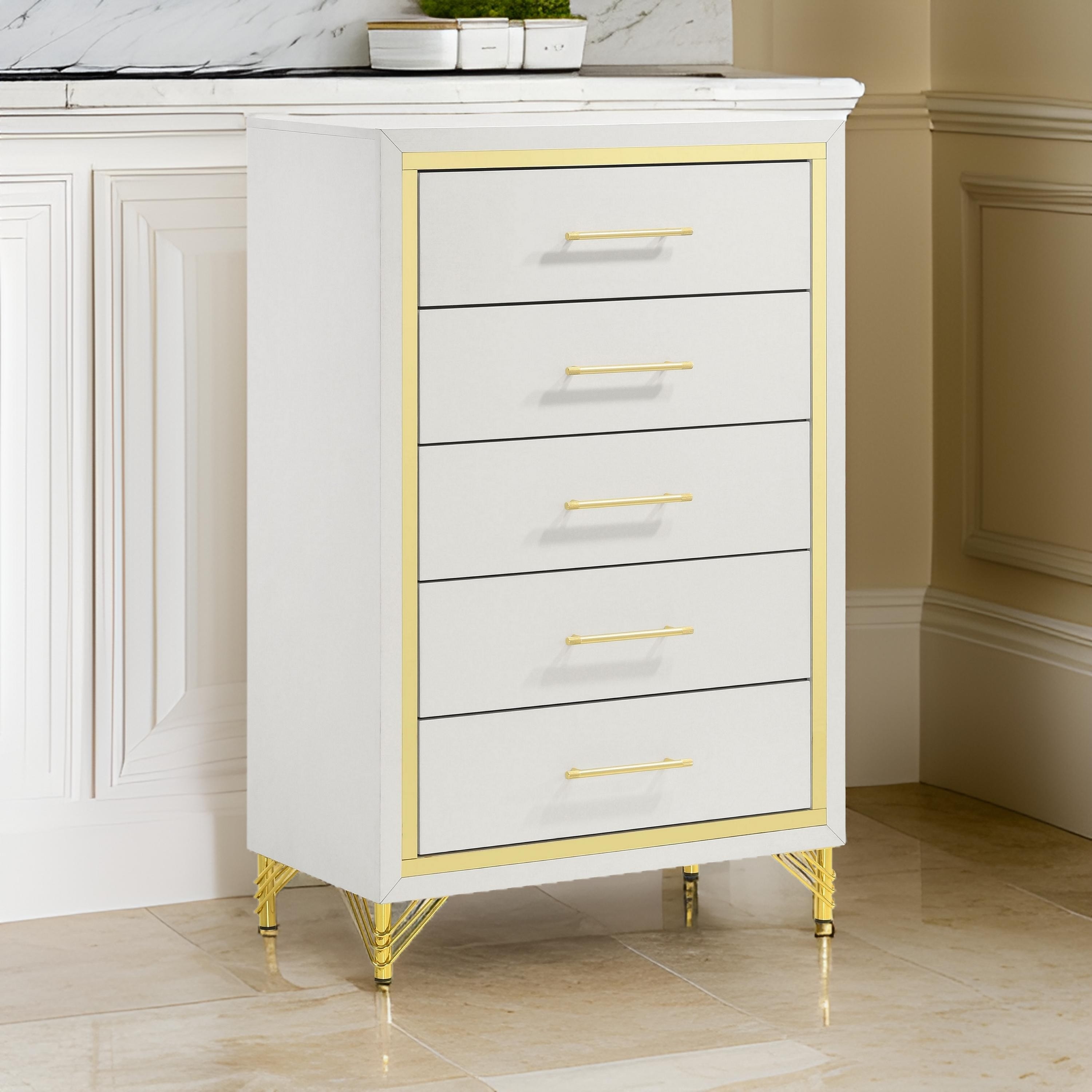 slim fit dress slacks Benjara 6 Drawer Wooden Dresser with Metal Hairpin Legs, White and Gold