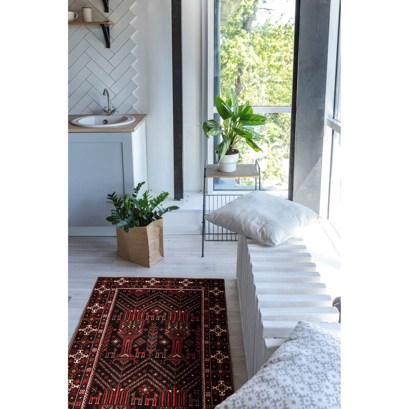 ECARPETGALLERY Hand-knotted Baluch Black, Red Wool Rug - 3'10 x 9'5