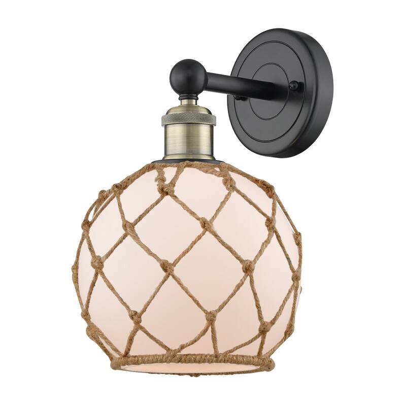 Innovations Lighting 616-1W-13-8 Farmhouse Rope Sconce Farmhouse Rope - Black Antique Brass / White Glass with Brown Rope