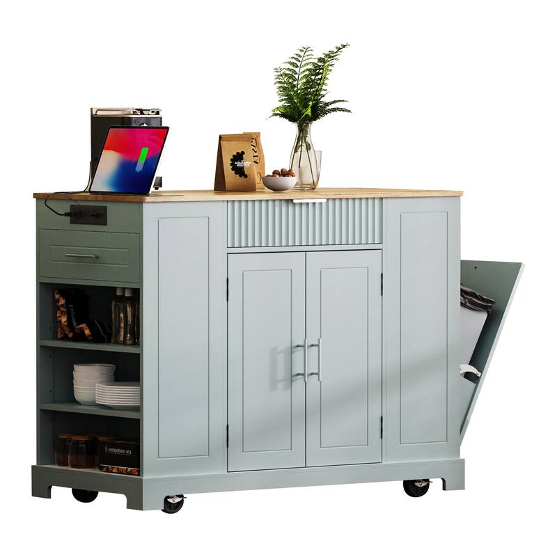 Mobile Kitchen Island with Trash Can Storage, Power Outlet, 3 Drawers, Open Shelves, 5 Wheels, Fluted Design