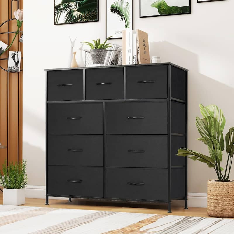 Dresser for Bedroom, Storage Organizer with 9 Drawers, Chest of Drawers with Fabric Bins, Sturdy Metal Frame, Wood Tabletop